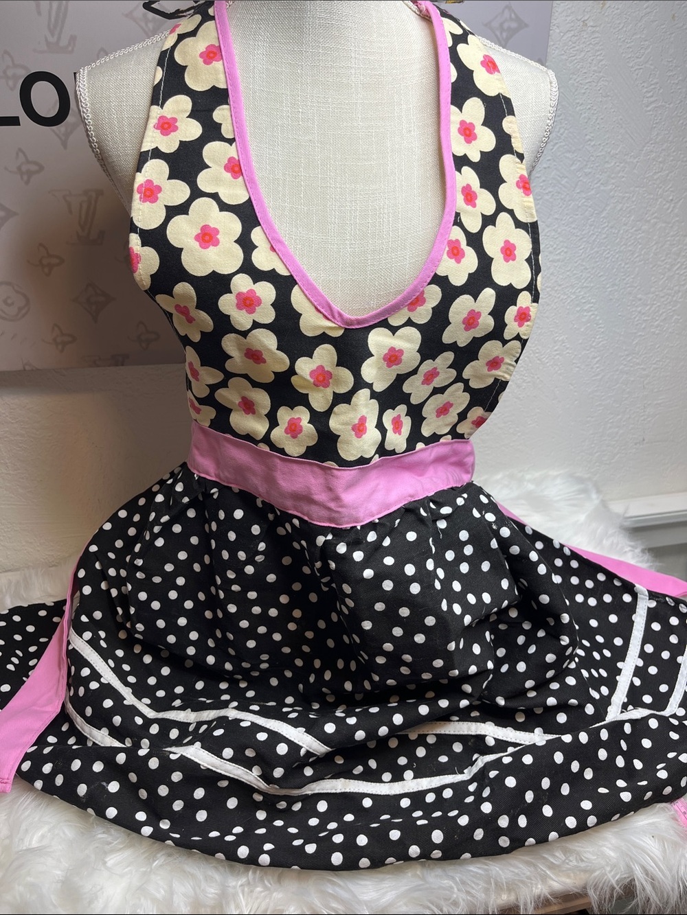 Black & Pink Floral Polka Dot Apron